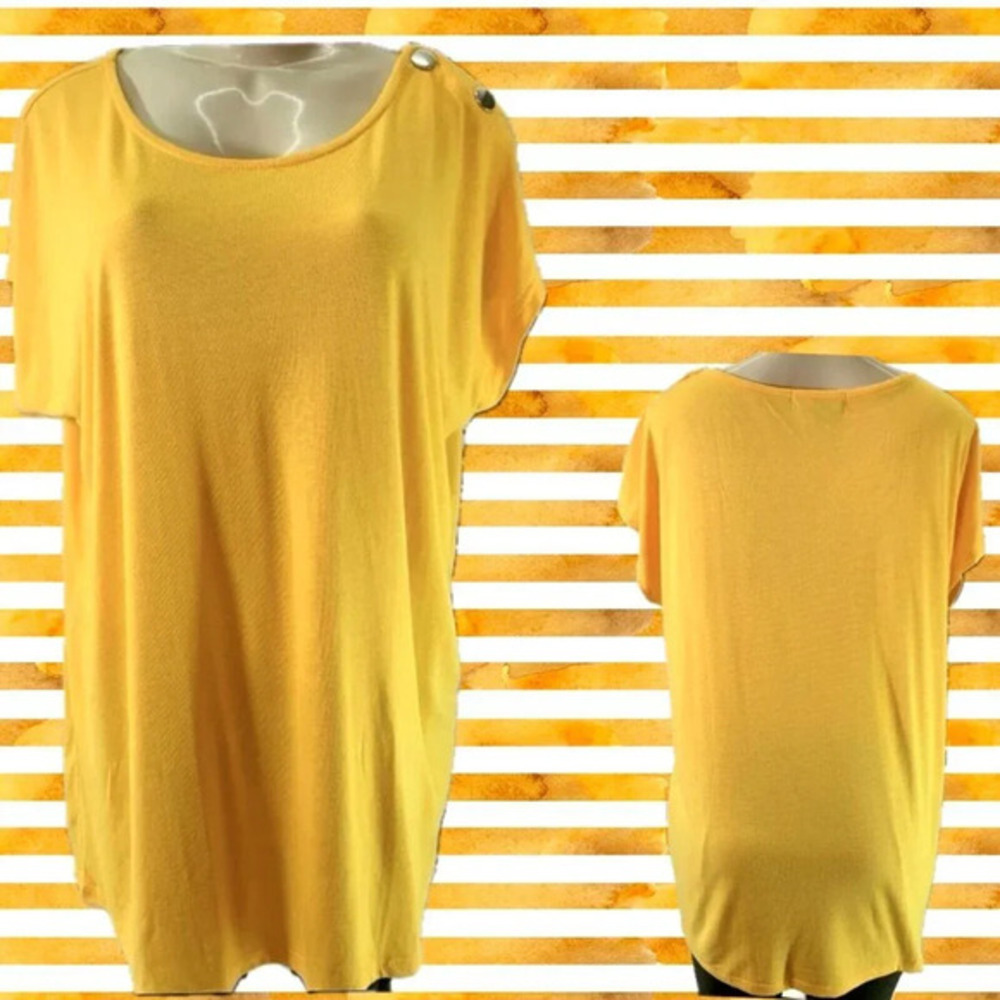 Ellos XL Dandelion Yellow Scoop Neck Shoulder Button Detail Short Sleeve Top